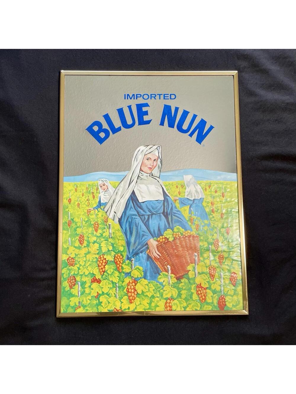 Vintage Blue Nun German Wine Advertisement Bar Mirror Sign Framed 16.5" x 12.5"